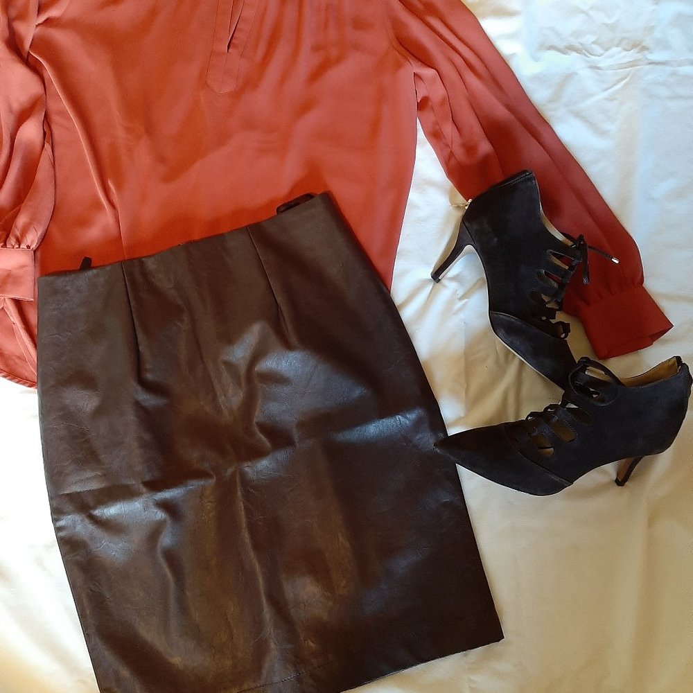 Ann Taylor Faux Brown Leather Pencil Skirt
